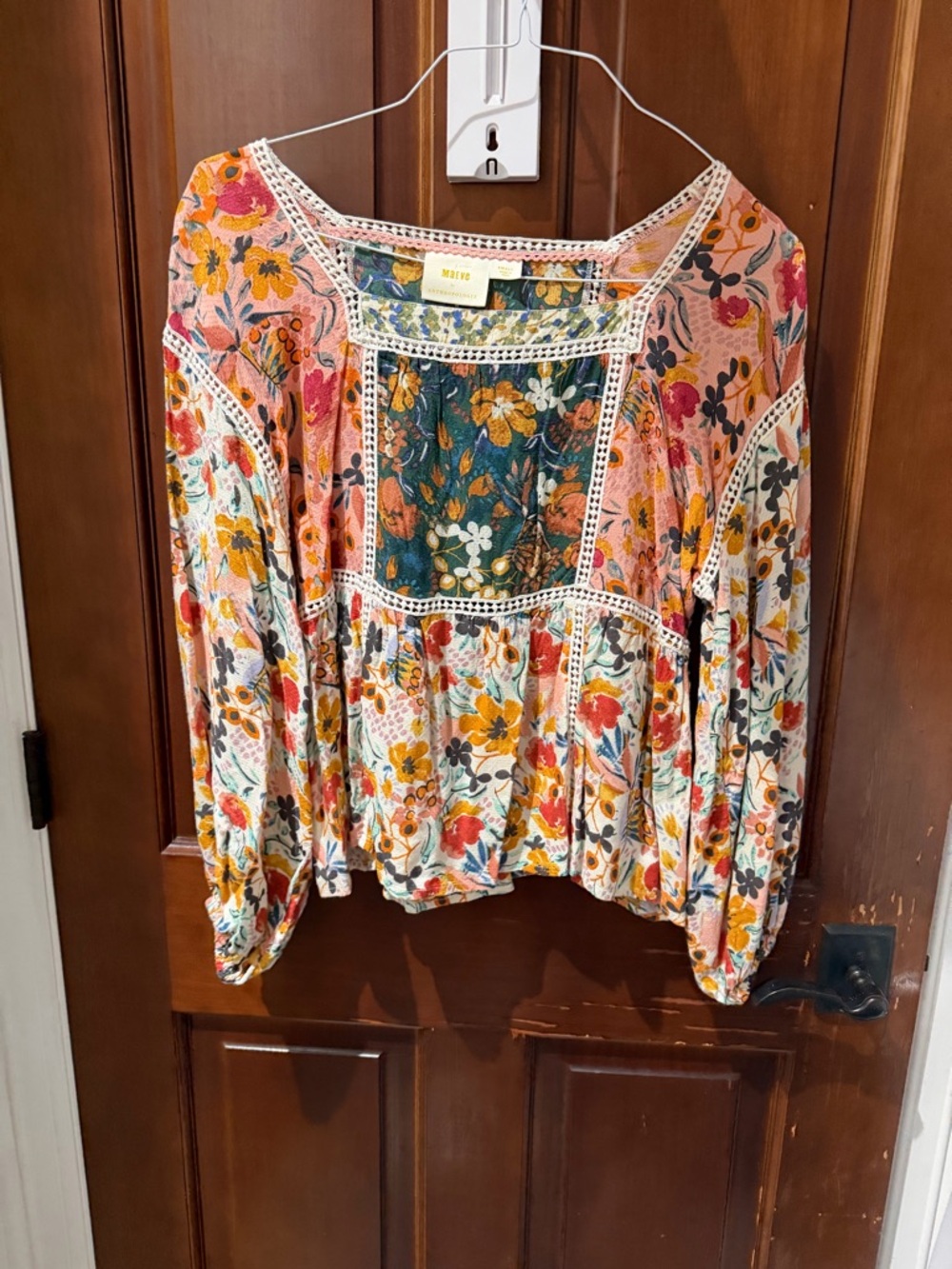 Anthropologie Maeve Floral Patchwork Peasant Blouse in Pink, Green, Yellow - Picture 7 of 13
